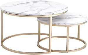 2 in 1 Marble Texture Coffee Table for Living Room Round Combination Home Furniture Metal Bracket Grey and