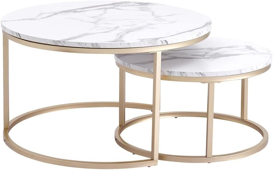 2 in 1 Marble Texture Coffee Table for Living Room Round Combination Home Furniture Metal Bracket Grey and