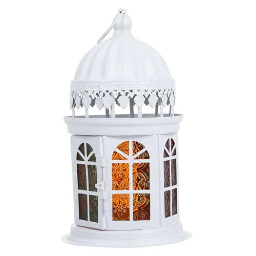 Cabilock Stained Glass Chandelier House Decorations for Home Decorative Hanging Light Glass Candle Holder Vintage Hanging Lantern Vintage Moroccan Lantern Tea Light White Household Tinplate