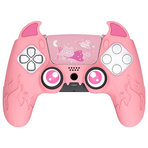 PlayVital Cute Demon Kawaii Funda de Silicona para ps5 Control Accesorios Funda Linda Protectora Antideslizante Cover Gamepad Skin con Pegatina de TouchPad y Tapas de Joysticks para ps5 Mando(Rosa)