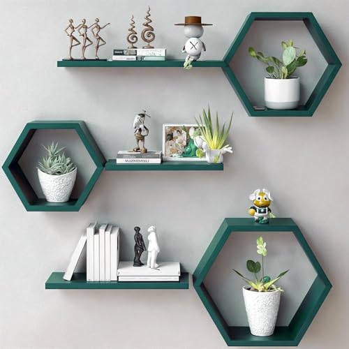 Image of Wooden Floating Wall Mounted Set of 6 Hexagon Shelves Display Shelf for Photos, Plants, Rustic Honeycomb Shelves for Living Room, Bedroom, Bathroom, Kitchen, Office (Dark Green)