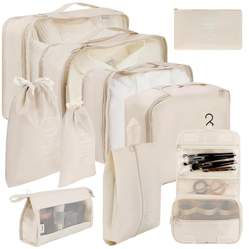 KIT 10 Necessaire Feminina Organizador de Malas para Viagem: Kit Completo de Organização - Inclui Bolsa Organizadora-Organizadores de Bagagem para Viagem-VANOVA (BEGE)