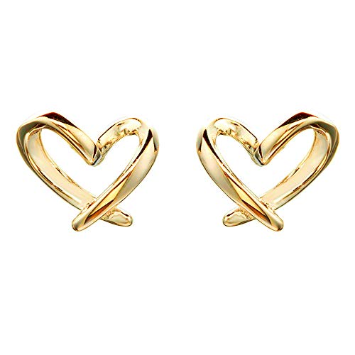 Minimalist Gold-Tone Heart Sterling Silver Earrings for Women Girls Charm Hollow Love Hearted Stud Tiny Small Cartilage Tragus Post Pin Hypoallergenic Pierced Ear Christmas Birthday Jewelry