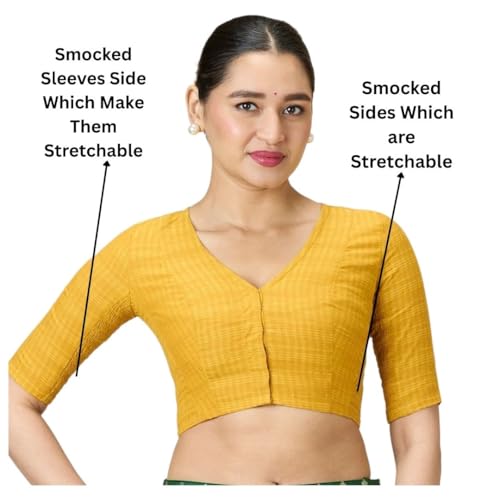 Image of Studio Shringaar Women Cotton Half Sleeve Madras Checks Saree Blouse with Stretchable Sides
