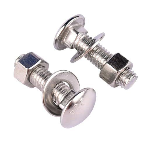 Image of 4 Sets 1 /2-13 x 1-1 /2 inch Carriage Bolts Screws Round Head Square Neck and Hex Nuts, Flat Washers 304 Stainless Steel 18-8 Full Thread, Silver