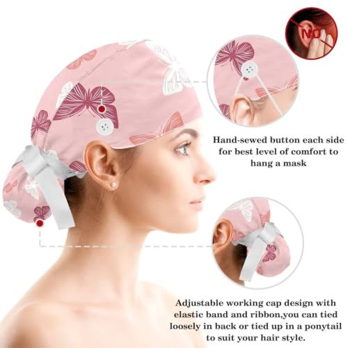 Image of Butterfly Scrub Cap Women with Ponytail & Buttons Adjustable Surgical Nurse Hat with Cotton Sweatband for Long Hair