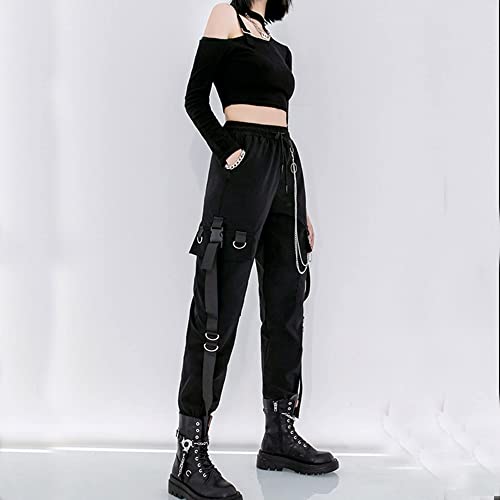 Meinvqiaoti Black Cargo Pants For Women Techwear Women Loose Street Rock Style Casual Black Pants With Chain Goth Pants (Black,M) #TOP4