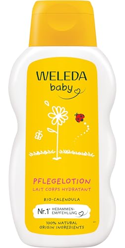 WELEDA Bio Baby Calendula Pflegemilch - Naturkosmetik Bodylotion mit Mandelöl & Bienenwachs zur Pflege & Reinigung von trockener Baby Haut. Milde Hautpflege Lotion für Babys und Kinder (1x 200ml)