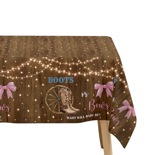 Image of Boots or Bows Gender Reveal Decorations Tablecloth, 3 Pack Disposable Cowboy Boots Pink Bows Boy or Girl Gender Reveal Party Supplies Tablecover for Baby Shower, 86in x 55in