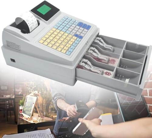 WLYPE Electronic Cash Register with with Drawer,81 Keys POS System Cash Register,Flat Keyboard and Thermal Printer 8 Digital Commercial Cash Register Supermarket LED Display POS System