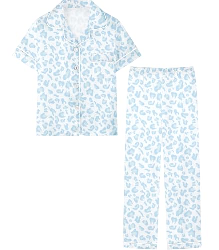 Umeyda Girls Pajamas, Satin Pjs Silk Sleepwear Comfy Family Matching 2Pcs Lightweight Loungewear Gift for Teen Kids, Blue Leopard, 11-12 Years = Tag 160