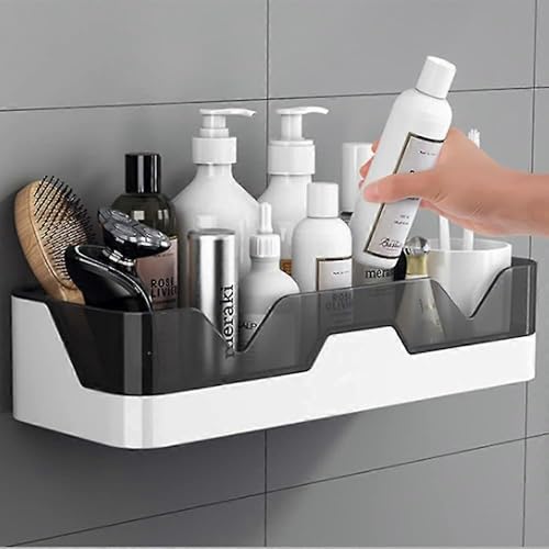 Image of TEKCOOL Wall Mounted Bathroom Shelf Organizer | 1 Tier Plastic Bathroom Rack | No Drill Adhesive Bathroom Accessories for Shampoo, Soap & Toiletries;