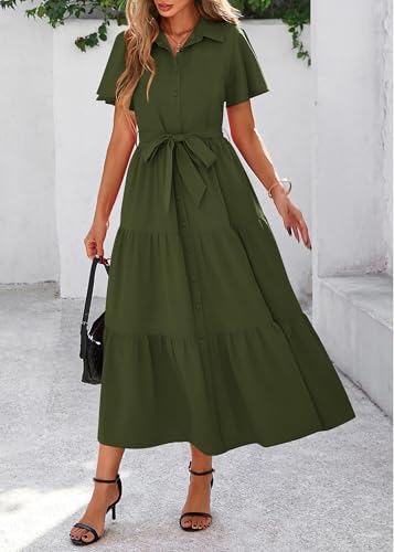 Image of KIRUNDO Summer Button Down Wedding Guest Shirt Dresses for Women Maxi Flutter Short Sleeve Flowy Tiered Beach Sun Dress