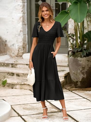 Image of Simplee Womens Summer Smocked Flowy Dress - Casual Flutter Sleeve Tiered Boho Maxi Dresses with Pockets