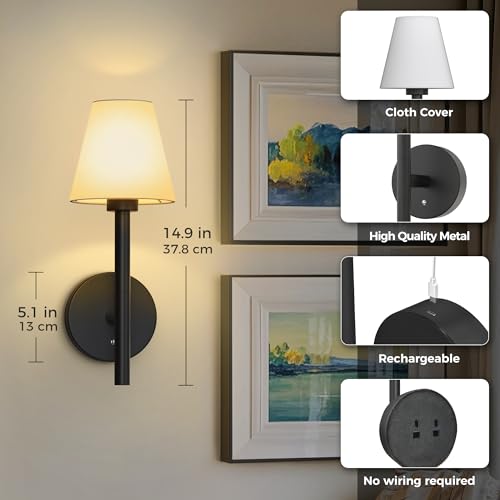 Image of L LOHAS LED Battery Operated Wall Sconce & Table Lamp Set of 2, 10000mAh Battery Powered Dimmable Wall Lamp with App, 15 DIY Color, Wireless Sconces Wall Decor for Living Room, Bedroom, Black