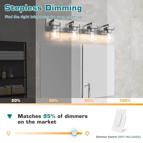 Image of 4-Light Bathroom Light Fixtures, Brushed Nickel Vanity Lights for Bathroom, Kitchen, Living Room, Modern Bathroom Vanity Lights with Clear Glass Shades