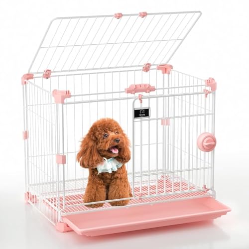 FLARUZIY Dog Crate for Small Dogs Under 25lbs,24 inch Pink Thick Metal Dog Kennel Indoor Wire Cage with Double Door and Removable Tray for Pets,Puppy and Animal