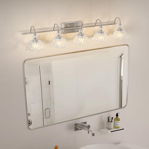 Image of Brushed Nickel 5-Light Bathroom Vanity Light with Floral Clear Glass Shades, Brushed Nickel Wall Mount Lighting for Bathroom, Dressing Table