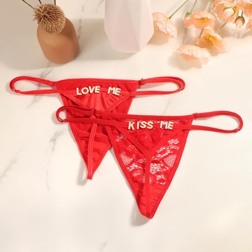 Image of Sexy Underwear for Women, 2 Pack Thong Panties - Lace & Silk G-String Sexy Underwear with Fun Lettering, Adjustable Gifts Set
