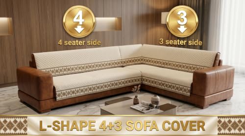 Image of KINGLY L-Shape Sofa Cover 7 Seater 4+3 Velvet Full Cover - Cream Beige | Fully covered quilted velvet slipcover, washable anti-slip furniture protector, L-type corner sofa cover for living room