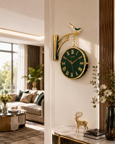 Image of Prakal Home Decor Double Sided Round Wall Mount Station Clocks Watchs Double Face Wall Clock Vintage Retro Metal Frame Glass Dial Cover (W5-Green)