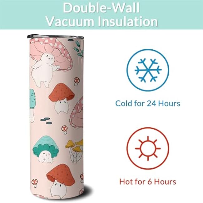 20 oz Mushroom Skinny Tumblers with Lid and Straw, Mushroom Stainless Steel Vacuum Insulated Travel Coffee Mug Cup Water Bottle, Mushroom Decor Stuff Accessories, Gifts for Women Girls Mushroom Lover