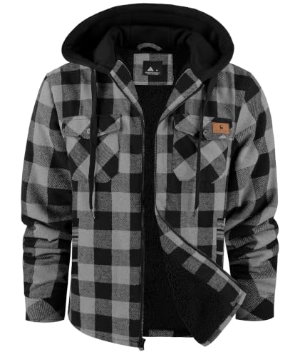 Image of V VALANCH Men's Flannel Shirt Jacket with Hood Fleece Lined Plaid Jacket Zip Up Winter Warm Coat