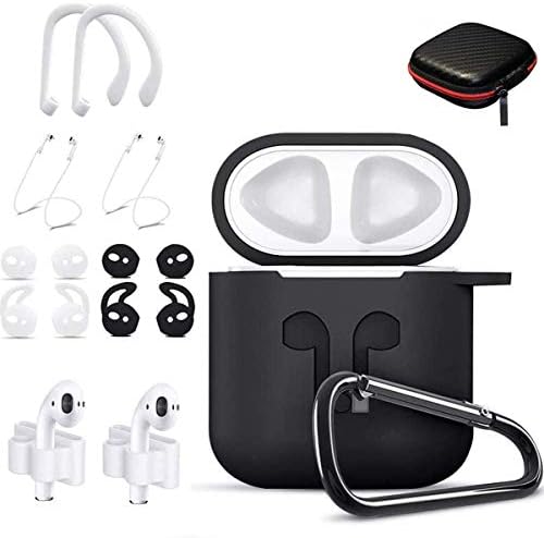 TOLUOHU AirPods Case, 12 in 1 Silicone AirPods 1&2 Accessories Set Protective Cover, Skin for Apple AirPods Charging Case, Watch Band/Airpods Tips/Strap/Holder/Ear Hooks/Keychain/Carrying Box(Black)