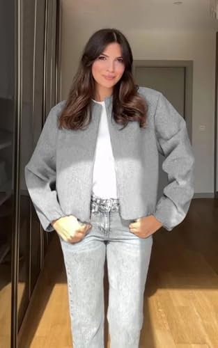 Womens Wool Blend Bomber Jackets Fall Winter Cropped Zip Up Coat Hoodless Outwear with Pockets2