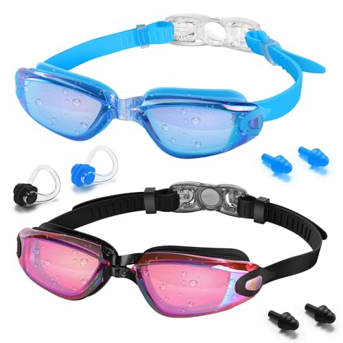 Vatefery Gafas de natación para niños, paquete de 2 gafas de natación para niños de 6 a 14 años, protección UV, gafas transparentes sin niebla para niños, niñas, jóvenes y adolescentes (G.azul y