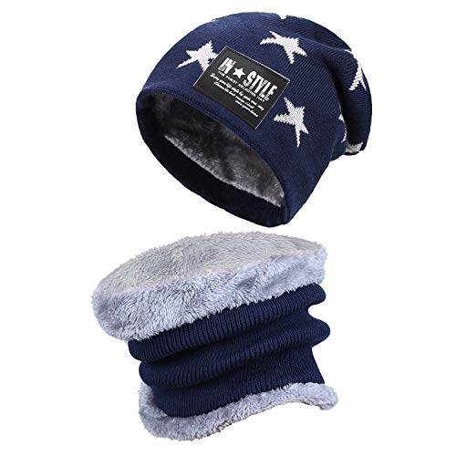 Bequemer Laden Kinder Winter Mütze Schal Set Warm Strickmütze Beanie Hut Schlauchschal mit Fleece-Futter für Kinder Jungen Mädchen, Zwei Stücke