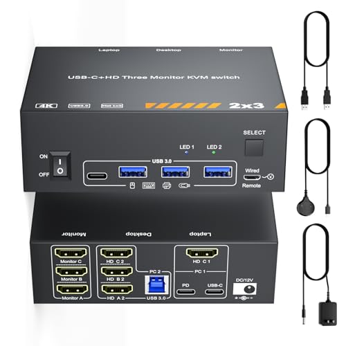 Reyoten 4K KVM Switch for 3 Monitors & 2 PCs