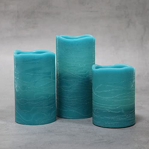 Image of Rhytsing Turquoise Battery Operated Flameless Led Candles with Timer Function for Summer and Weddings, Warm White Light, Real Wax Finish, 6 Batteries Included - Set of 3