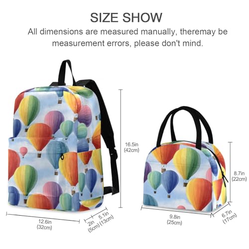 Hot Air Balloon Print Backpack Set with Lunch Bag, Large Capacity Travel Backpacks and Lunch Box Insulated for Commute Hiking Picnic2