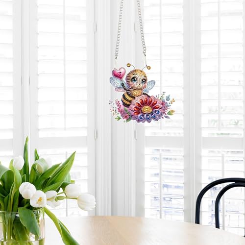 Image of AiYuanzsh Diamond Art Hanging Kits for Adults, Bee Flower Special Shaped Crystal Diamond Painting Acrylic Ornament, DIY Diamond Art Window Suncatcher Pendant for Home Wall Decor Gift