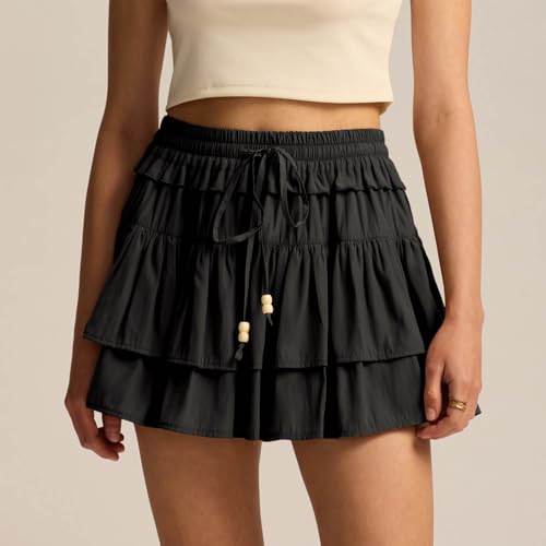 Women Casual Ruffle Mini Skirt Solid Color High Waisted Flowy Tiered Short Skater Skirts for Autumn Winter3