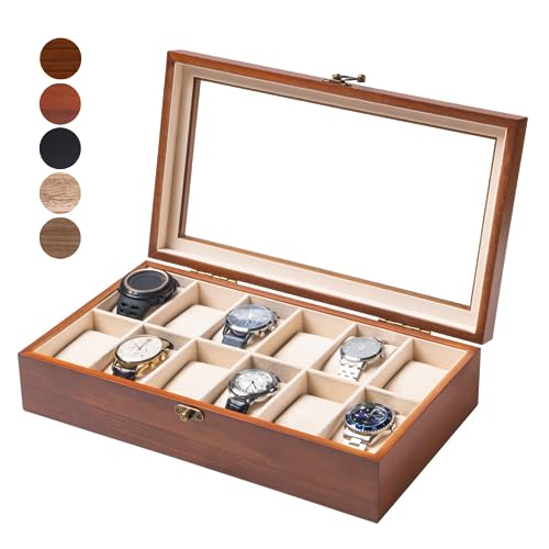 Image of Watch Box, Watch Case for Men Women with Large Glass Lid, Wooden Watch Display Storage Box with 12 - Slots, Classic Walnut Mens Watch Box Organizer