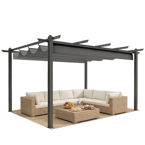 Outsunny Pérgola de Jardín 4x3 m con Techo Retráctil, Cenador de Jardín con Estructura de Aluminio, UPF30+, Orificios de Drenaje, Pabellón para Exterior, Patio, Terraza, Gris