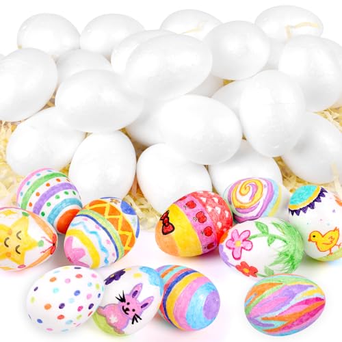 SULOLI Lot de 50 Oeufs de Pâques en Plastique Oeufs de Pâques à Suspendre- œufs en Polystyrène,Décorations de Fête de Pâques pour Enfants DIY...
