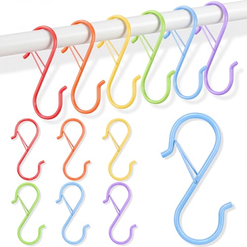 Wenqik 12 Pcs Colorful S Hooks Hanging Stainless Steel Multi Functional Metal Hanging Hooks Reversible Metal S Shaped Hook for Kitchen, Garden, Bathroom, Indoor, Outdoor (Safety Buckle,3.55 Inches)