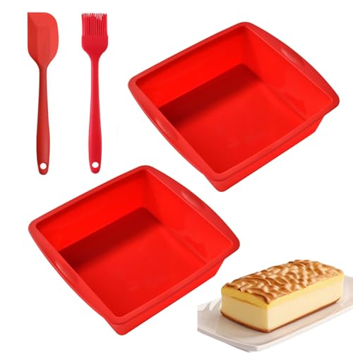 Square Shaped Cake Tin 2PCS Silicone Square Baking Tin 8 Inch Moulds BPA Free Baking Tray Reusable Cake Baking Pans for Muffins Puddings Bread(Red)