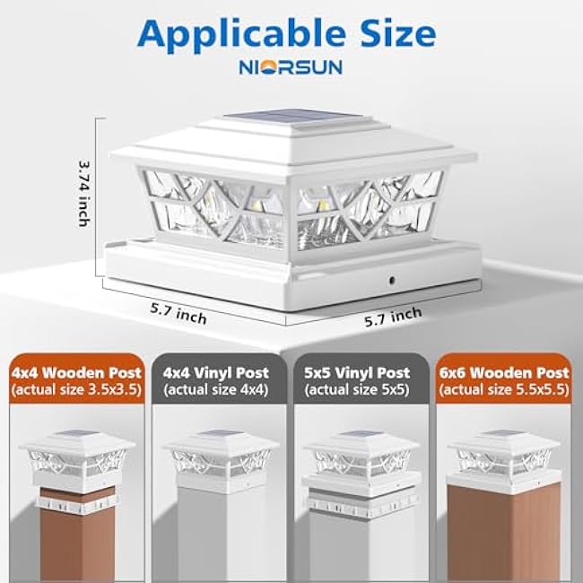 NIORSUN Solar Post Lights Outdoor 12 Pack, 2 Modes LED, Deck Fence Post Solar Lights for 3.5x3.5 4x4 5x5 5.5x5.5 Caps Patio Garden Decoration, White
