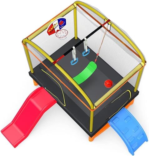 LANGXUN 6.5Ft 7-in-1 Rectangle Trampoline for Kids, with Climb, Slide, Swing, Basketball Hoop, Multi-Functional Indoor Outdoor Baby Toddler Mini Trampoline for Girls and Boys Birthday Gift, Age 1-10