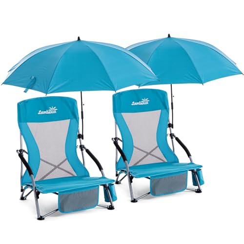 Folding Beach Chair with Umbrella for Adults, 2 Pack Portable Low Beach Chairs with 300lbs Capacity, Lightweight Fodable Camping Chair for Travel, Picnic, Concert & Outdoor Activities, Blue