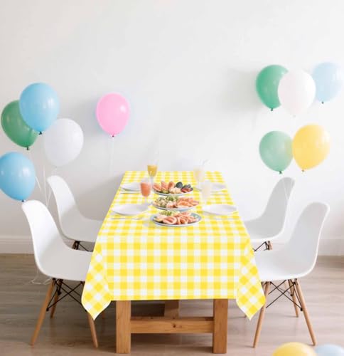 Image of SietDESEO 2 Pack Yellow Gingham Tablecloth Rectangle 54 x 108 Yellow and White Checkered Table Cloth Disposable Plaid Table Cover Plastic for Birthday Baby Shower Picnic Wedding Party Supplies