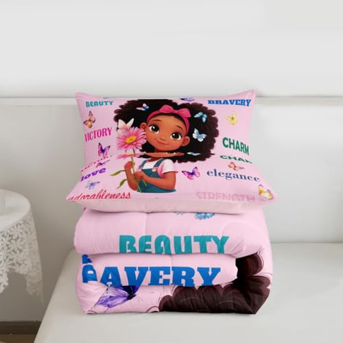 Image of Erosebridal Black Girls Magical Bedding Set Butterflies Inspirational Quotes King Comforter Set African American Comforter Afro Black Princess Girl Duvet Insert for Nursery Kids Pink Room Decor