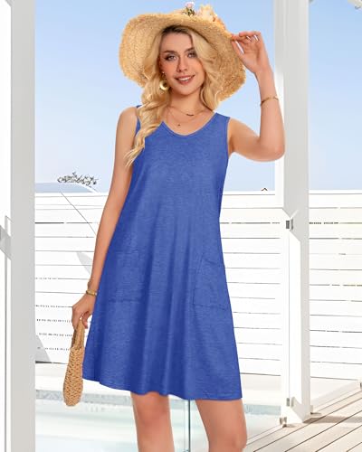 Image of elescat Womens Summer Dresses Casual V Neck Sleeveless Pockets Beach Loose Tank Sundress 2026