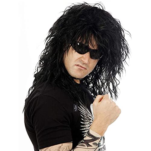 Men's Rocker Wig 70s 80s Party Fancy Dress Halloween Wig Long Curly Black Mullet Rockstar Wig Fashion Smart Rocker Style Wigs Costume Hair Accessory Anime Wig