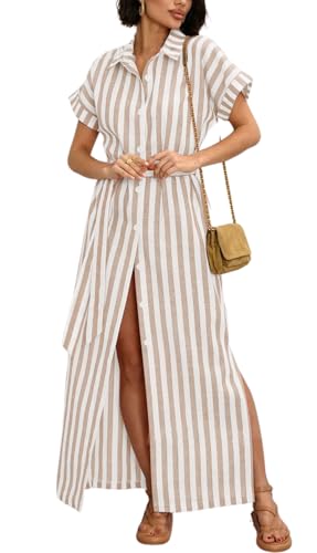 Image of chouyatou Women's Summer Short Sleeve Striped Shirt Dress Beach Maxi Long Belted Casual Button Down Dress