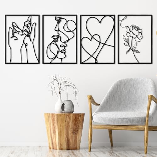 CYEER Juego de 4 piezas de decoración de pared de metal negro 40 x 28 cm – Minimalistic Line Art Murales (besos, manos, corazón, rosa) - Moderno arte de pared de metal para salón y dormitorio - Juego